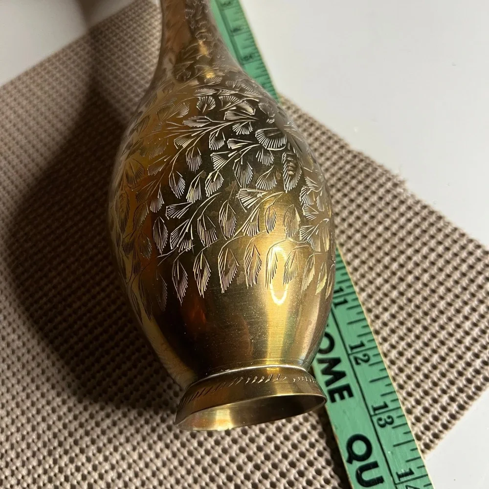 Vintage Etched Brass Bud Vase Hand Crafted Floral Pattern Made in India 8.5 Inch